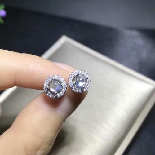 Natural blue moonstone stud earrings Natural gemstone earrings Elegant small round S925 silver girl women party gift jewelry
