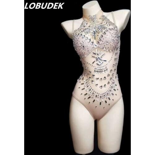 Nightclub Female DJ DS Costume Sparkly Rhinestones Perspective Sleeveless Bodysuit Mesh Jumpsuits Dancer Show Stage Dance Wears