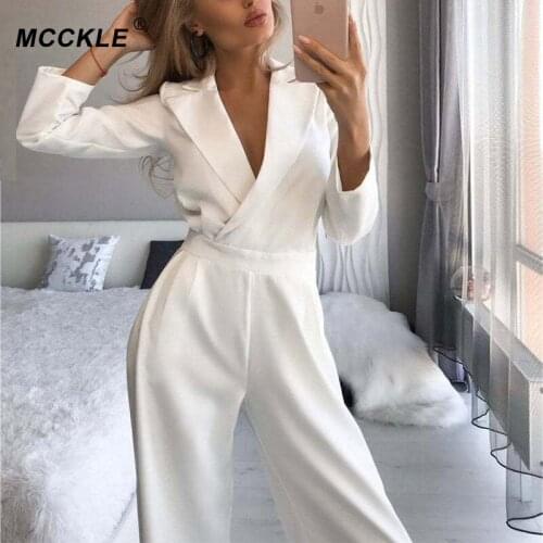 Womens Solid Deep V Jumpsuits Long Sleeve High Waist Wide Leg Rompers 2021 Autumn Loose Office Ladys Junpsuit Casual Elegant