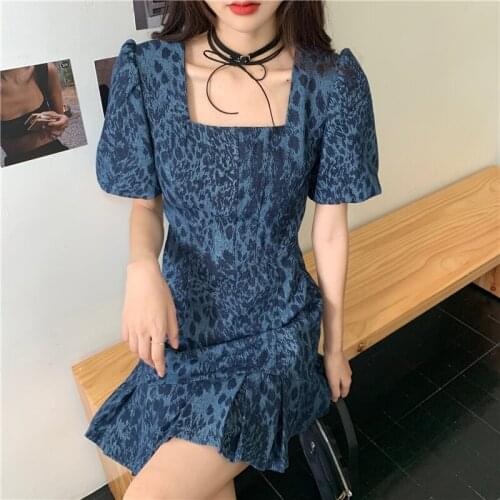Harajuku Denim Dress Women 2021 Summer New Vintage Short Puff Sleeve Square Collar Vestidos Elegant High Waist Mini Dresses