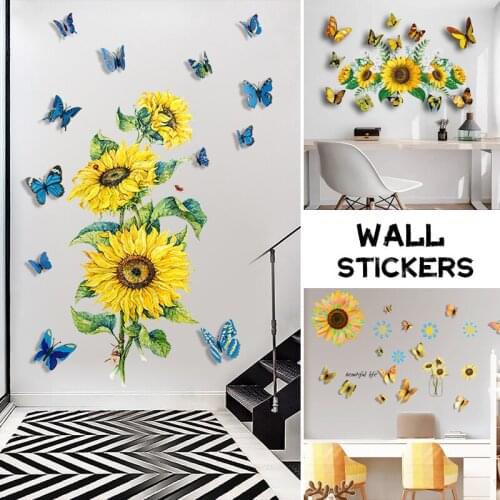 1 Set Sunflower 3D Color Three-Dimensional Butterfly Wall Stickers Living Room Bedroom Background Decorative Wall Sticker DIY