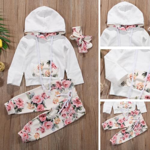 2PCS Infant Baby Girls Floral Outfit Clothes Print Pocket Hooded Sweater + Leggings Pants + Hair Band Set Tracksuit 0-2 Year