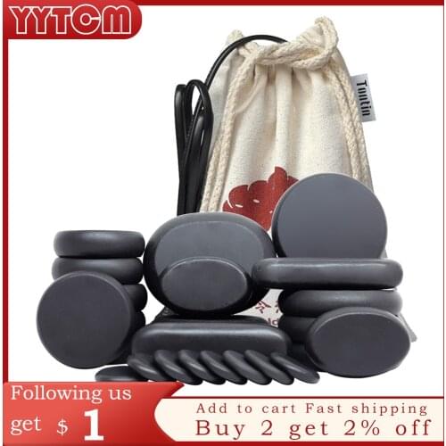 24pcs/set Hot Massage Energy Body Basalt Stone set Beauty Salon SPA with Thick Canvas Heating bag healthcare back pain relieve