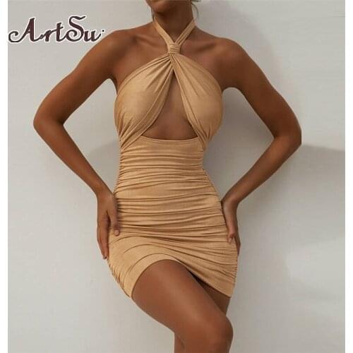 Artsu Fashion Ruched Sexy Backless Halter Dresses Summer 2021 Ladies Sleeveless Cut Out Bodycon Dresses Vestido Clothes