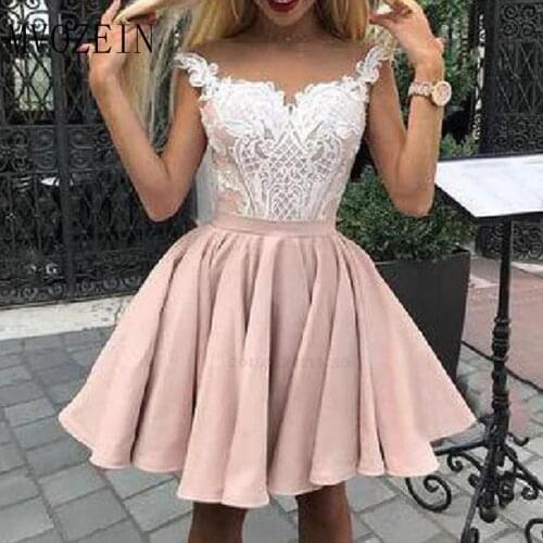 Homecoming Dresses Short Party Dress Jewel Neck Sleeveless Satin A-Line Homecoming Dress Lace Appliques Vestidos