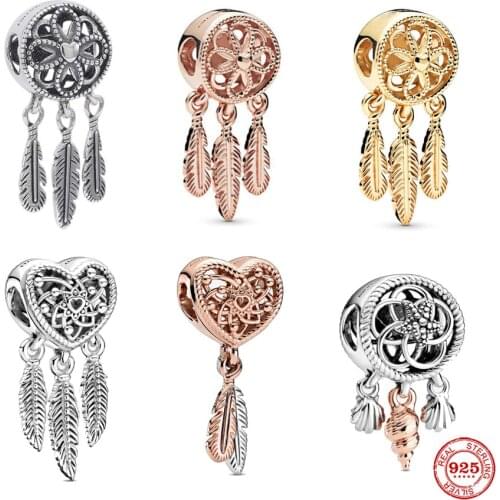 Openwork Heart & Three Feathers Dreamcatcher Charms Beads Fit Original Pandora Bracelet 925 Sterling Silver DIY Women Jewelry
