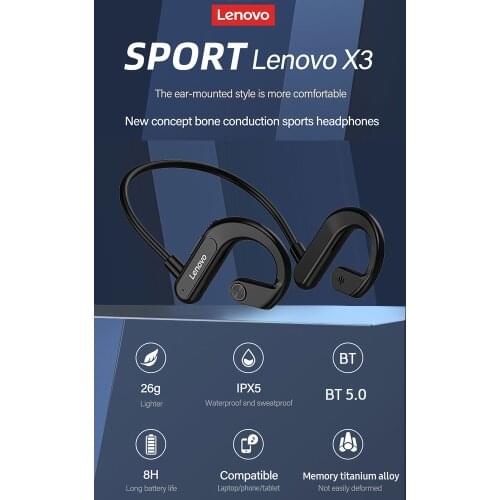 Lenovo X3 Wireless Headphone BT 5.0 Titanium Bone Conduction Earphone IPX5 Sweatproof Waterproof Sports Headset Black