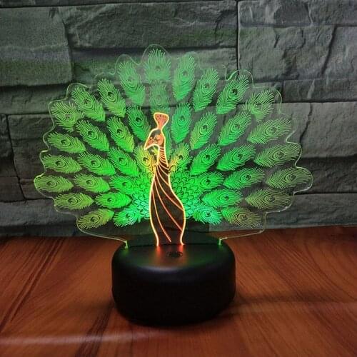 Colorful Peacock 3D LED Night Light Lamp 7 Colorr Change usb Table Lamp For Kids Christmas Gift Home Bedroom Decor