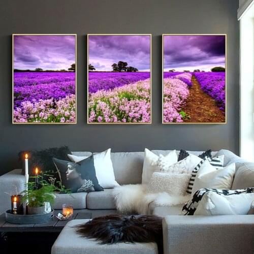 Purple Lavender Flower Field Landscape Triple Decorative Painting Home Living Room Mural Frameless Cuadros Decoracion Salon