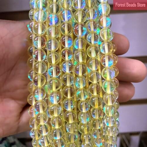 Smooth Light Yellow Glitter Moon Stone Austria Crystal Round Bead for Jewelry Making DIY Bracelet Necklace 15"Strand 6 8 10 12MM