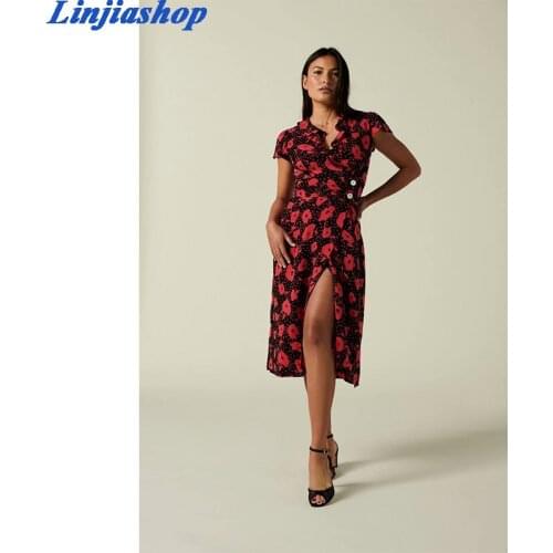 Fashion summer dress v-neck short sleeves buttons chic floral print red midi holiday beach dress women femme vestidos