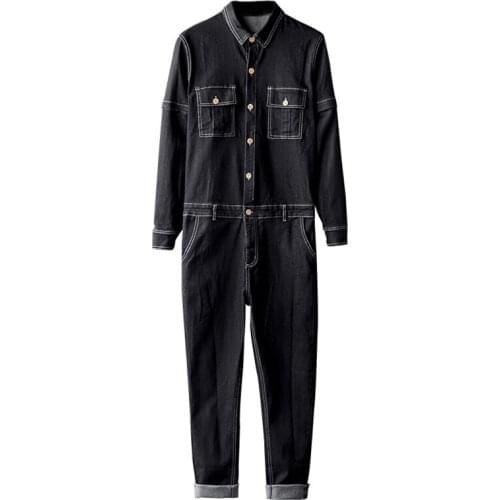 2021 Jeans Overalls Men Denim Jumpsuits Retro Lapel Removable Long Sleeve Animal Embroidery Street Fashion Pants Black Trousers