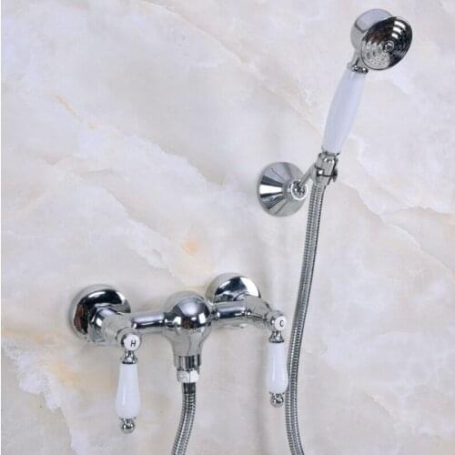 Polished Chrome Brass Bathroom Hand Held Shower Head Faucet Set Mixer Tap Dual Ceramic Handles mna282