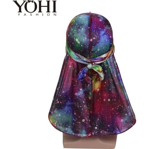 2019 New Galactic Galaxy Star Patterns Silky Durag Turban Hat Wigs Durags Doo Rag Headwrap Biker Pirate Hat Hair accessories