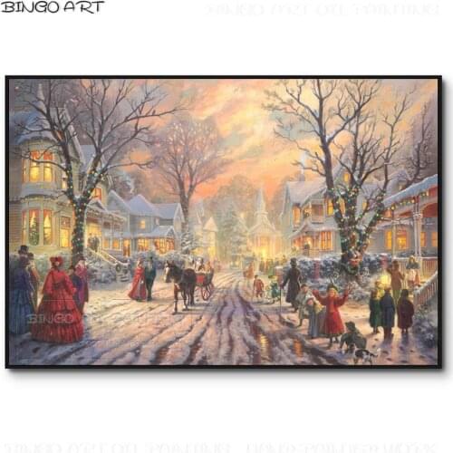 Excellent Artist Hand-painted Top Quality A Victorian Christmas Landscape Oil Painting Handmade Vivid Colors Christmas Best Gift