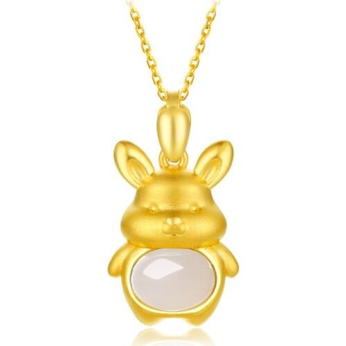 Pure 24K Yellow Gold Pendant White Jadeite Chinese Zodiac Rabbit Pendant