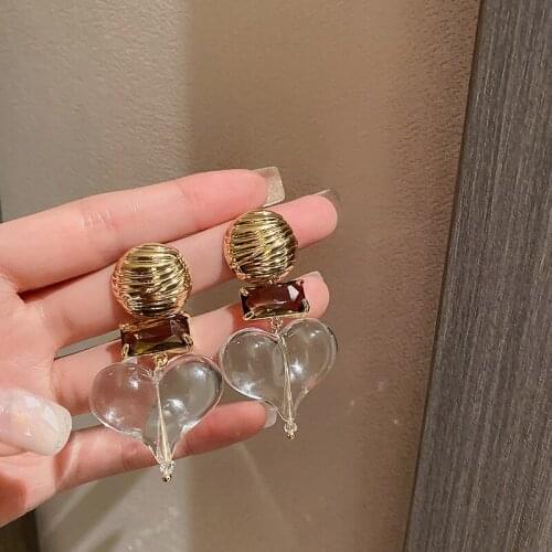 Transparent Love Heart Dangle Earring for Women Girls Gold Metal Rhinestones Earring Jewelry