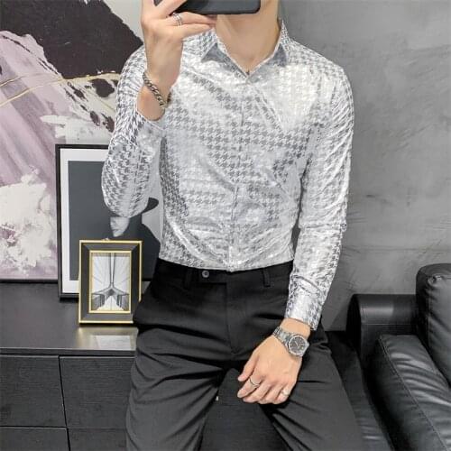 High Quality Digital Print Long Sleeve Shirt Men Clothing 2020 All Match Slim Fit Casual Office Blouse Homme Gold/Silver 3XL-M