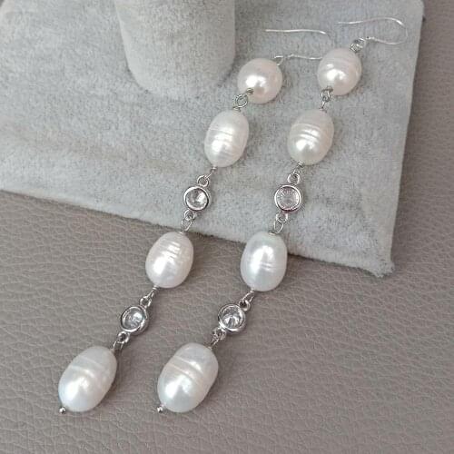 YYGEM natural 10*11mm White Rice Freshwater Pearl Cz Clear Wrap Hook Earrings silver hook Luxurious Handmade Earrings