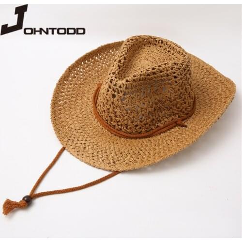 2021New Fashion Summer Men Women Panama Cowboy Hats Hollow Out Straw Hat Leather Ribbon Large Brim Sun Beach Hat Jazz Cap Fedora