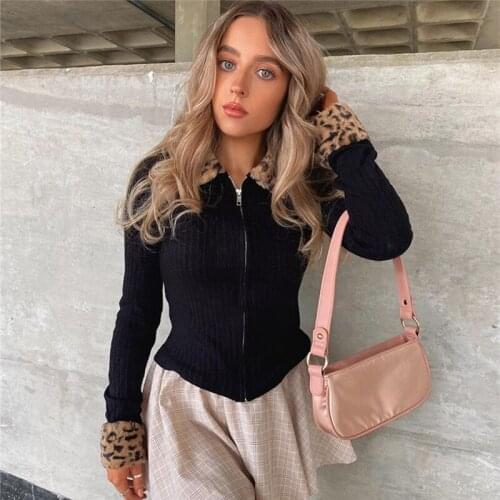 Leopard Faux Fur Patchwork Knitted Cardigan Women Sweaters Y2K 90s Sexy Elegant Korean Long Sleeve Bodycon Zipper Knitwear Black