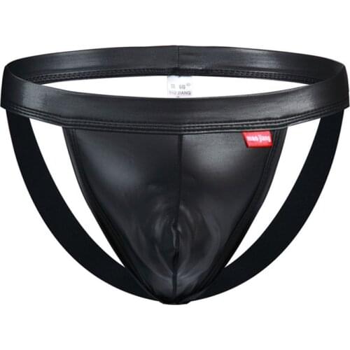 Thongs Sexy Mens Briefs Black G-String Jockstrap Underwear Imitation PU Faux Leather Open Butt Penis Pouch Bikini Briefs
