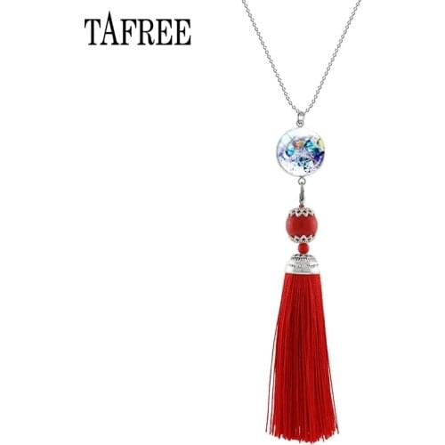 TAFREE Oil Painting Art Picture Necklace Red Pendants Boho Tassel Statement Charms Women Accessories Jewelry PT30
