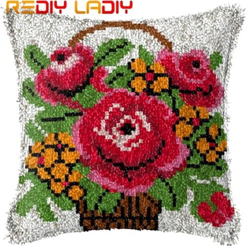 Latch Hook Cushion Basket of Flowers Pre-Printed Canvas Cushion Front Acrylic Yarn Crochet Pillow Case Hobby & Crafts Home Decor