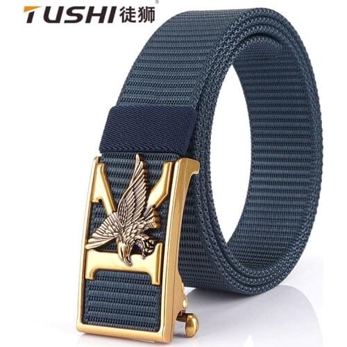 TUSHI 2021 Brand New Men Belt 120cm*3.4cm Nylon Weave Waistband Fashion Cool Eagle Pattern Metal Automatic Buckle Student Girdle