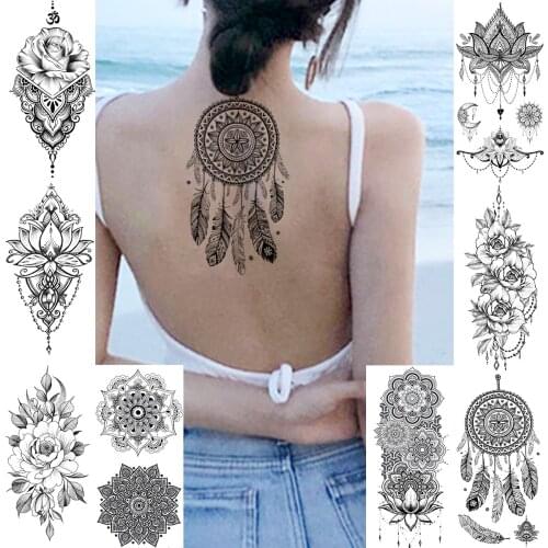 Waterproof Black Women Henna Temporary Tattoo Sticker Dreamcatcher Lotus Flower Arm Tattoo Body Chest Art Pendant Wedding Tatoos