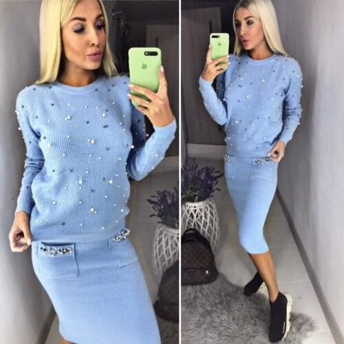 Women O Neck 2 Piece Sets Office Lady Knit Pullover Beading Elastic Waist Skirt Set New Autumn Sweater Set Spring Outfits Skirts