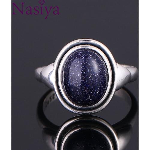 Charms 8x10MM Blue Sandstone Woman Wedding Rings 925 Silver Jewelry Girls Female 's Party Anniversary Birthday Present Wholesale