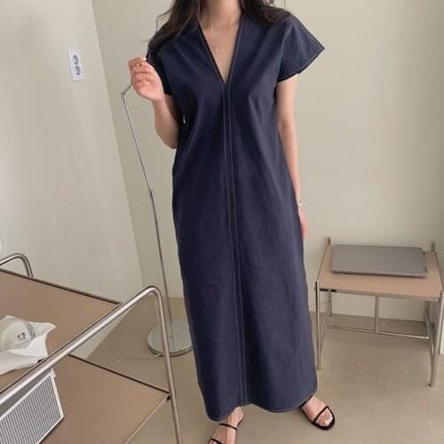 2021 Summer New Japanese Style Simplicity V-neck Split Fork Casual Loose Solid Color Womens Dress Summer Fashion