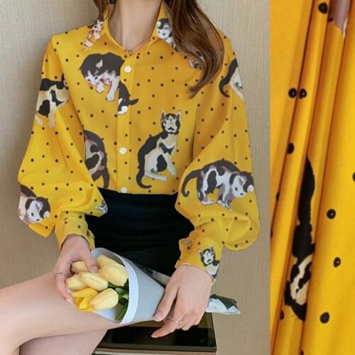 1 Meter Cat Silk Print Stretch Double Joe Satin Fabric Mango Yellow Mulberry Silk Wide Shirt Skirt Fabric