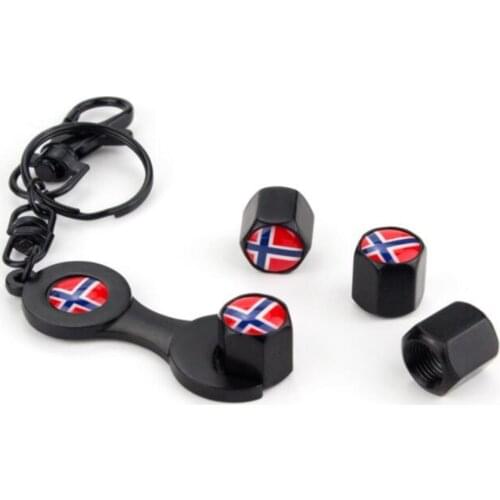 4pcs Fashion Car Wheel Parts Valve Caps 1pc Wrench Norway Flag Logo for Think City Chevrolet Ford Focus Peugeot Citroen Toyota