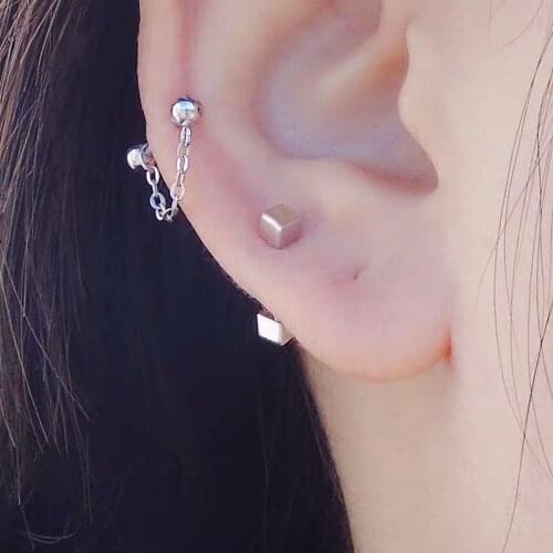 925 Sterling Silver Earring Cube Chain Heart Crown Screw Stud Earring Ear Bone Nail Personality Women Girl Boy Ear Jewelry