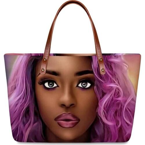 HYCOOL Ladies Hand Bags Fashion Art African Purple Hair Black Girl Printing Women Summer Casual Beach Bag Female Tote Handbag