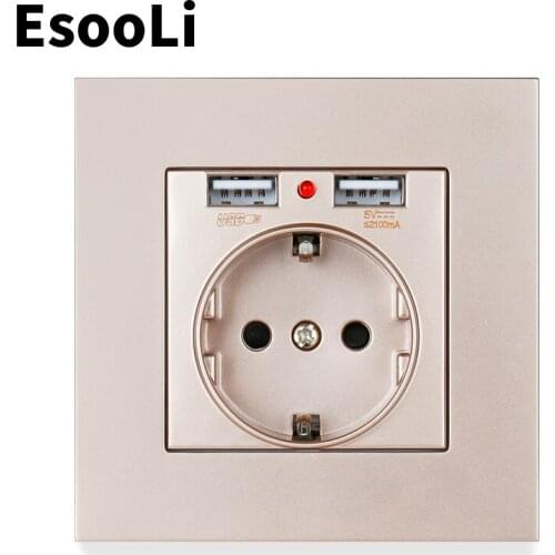 EsooLi Wall Charger Adapter Dual USB Charging Port 5V 2.1A LED Indicator 16A EU Socket Power Outlet PC Panel