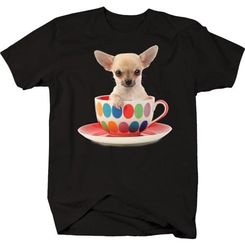 Chihuahua Dog Sitting in Colorful Dot Coffee Tea Mug Cute Animal T Shirt Hip Hop Cool T-Shirt Women Harajuku Gothic T-shirt