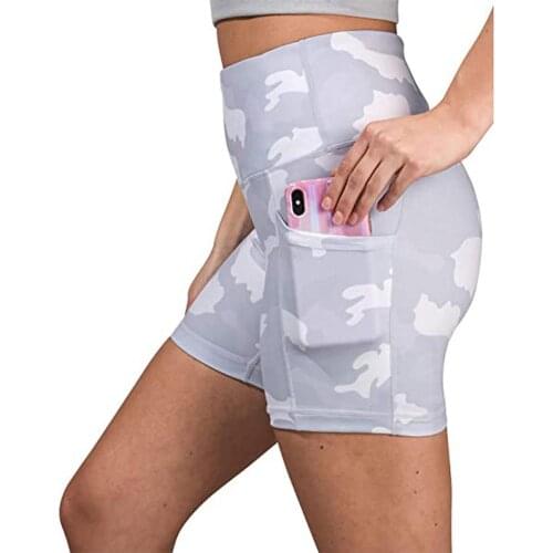 Camo Women Summer High Waist Hip Lifter Tummy Control Yoga Shorts with Pocket