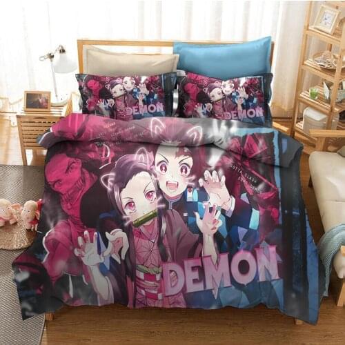 Demon Slayer bedding 3-piece set, cartoon character Kamado Tanjirou, Nezuko childrens duvet cover*1 pillowcase*2 gifts