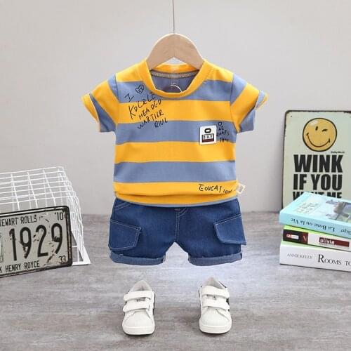 Summer Mens New Middle And Small Children Korean Short-Sleeved lapel Thick Striped Cotton T-Shirt + Denim Shorts Suit