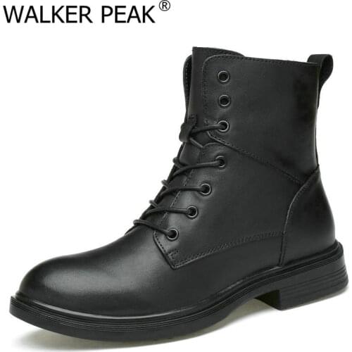 Men Motorcycle Boots Vintage Combat Boot Winter Fur Warm snow boots Cow Split Leather Waterproof Buckle Military Boots Men Shoes