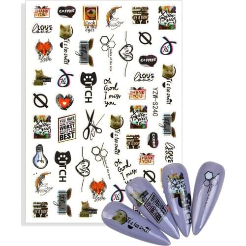 1 Sheet Water Sticker Feather Cat LOVE Letter Color Nail Art Transfer Decals Tips Watermark Slider Manicure Decorations