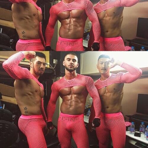 Nightclub bar male DS sexy hollow perspective fluorescent pink half mesh party costume