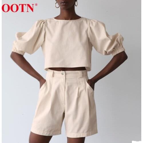 OOTN Round Neck Lantern Sleeve Summer Woman Two-Piece Set Shorts Loose Crop Top Beige High Waist Casual Short Pant Suits 2021