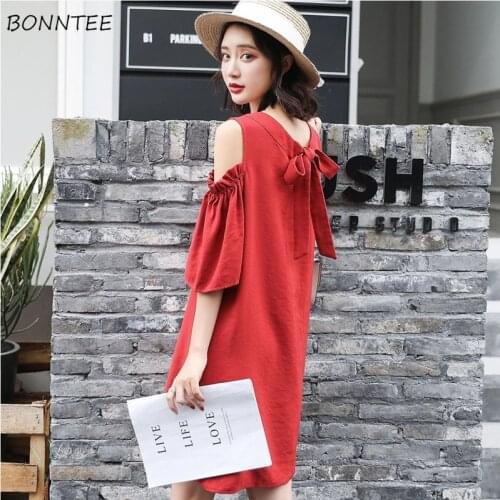 Dress Women Solid Off-shoulder Bow Loose Elegant Female Korean Style Chiffon Large Size 4XL Midi Dresses Casual New Arrival Soft