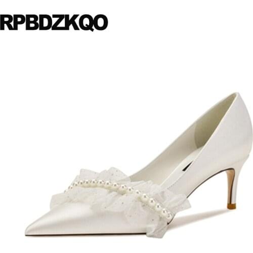 Bridesmaid Ivory Lace Bridal Shoes Satin Women High Heels Evening White Silk Pointed Toe Medium Pearl Stiletto Wedding Pumps