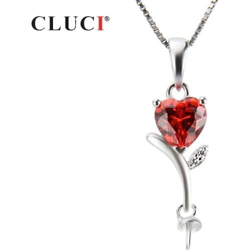 CLUCI Silver 925 Red Heart Zircon Pendant Women Jewelry 925 Sterling Silver Pearl Pendant Mounting Pendant for Necklace SP071SB
