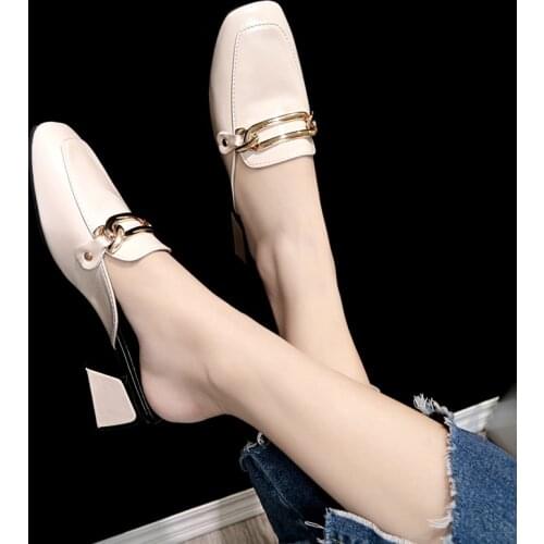 One-word sandals 2021 new Korean version of all-match square toe womens shoes Baotou metal chain high-heeled slippers